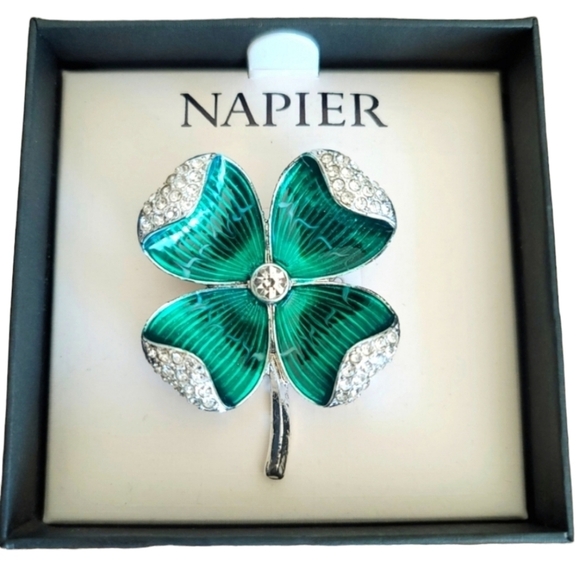 Napier Green Four Leaf Clover Lucky Brooch Pin Silver Saint Patrick's Day - Picture 2 of 5